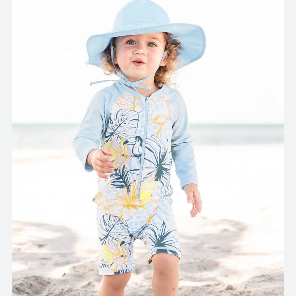 RuggedButts Baby Rashguard Swimsuit 12-18 Months Birds of Paradise Ruffle Butts